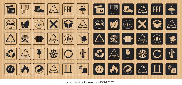 Packaging safety symbols. Delivery cargo transport stickers with fragile, handle with care, do not stack, keep dry, up arrows shipping icons. Vector isolated set.