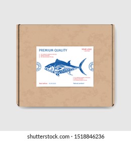 Packaging for seafood. Label for boxing natural products. Tuna.