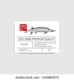 Packaging for seafood. Label for boxing natural products. Sturgeon.
