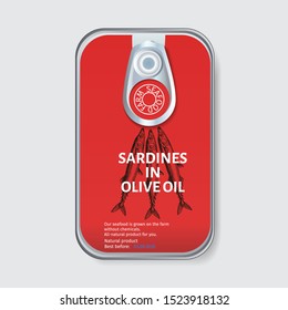 Packaging for seafood. Label for boxing natural products. Canned sardines in oil.