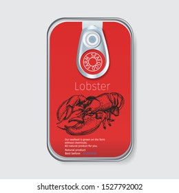 Packaging for seafood. Label for boxing natural products. tin can lobzer.