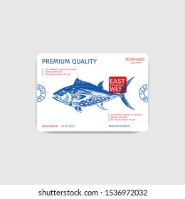 Packaging for seafood. Label for boxing natural products. Tuna.