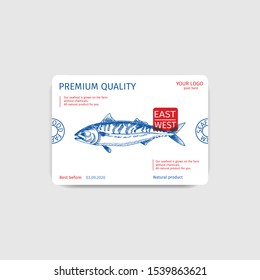 Packaging for seafood. Label for boxing natural products. Mackerel Fish.