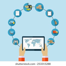 Packaging services in delivery of goods around the world. Business service, shopping, web delivery