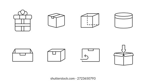 Icono de conjunto de empaquetado. Caja de regalo, caja de cinta, caja abierta, contenedor redondo, correo, paquete, flecha de retorno, caja de Descarga dibujada con un simple contorno de estilo de almacén.