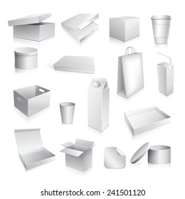 Packaging set with paper cup carton containers and boxes blank isolated vector illustration