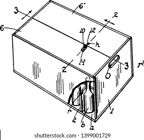 Packaging and Shipping Case has a self supporting structure without sheathing all six sides are of rated strength, vintage line drawing or engraving illustration.