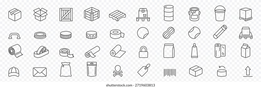 Conjunto de iconos de embalaje y línea de envío: símbolos de contorno editables de caja, caja, paleta, cinta, etiqueta, sobre y código de barras