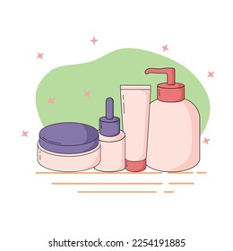 Packaging skincare bottles and cream containers. Mockup and cartoon illustrations