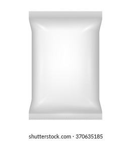 Packaging for snacks, baked, chips, pickles, canned food, salt, sugar, spices, food batch, gray foil package with a sealed edges, isolated on a white background.