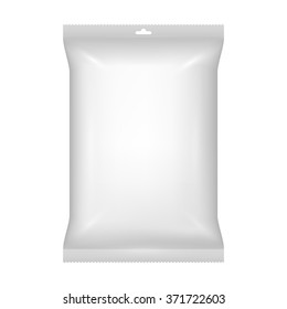 Packaging for snacks, baked, chips, pickles, canned food, salt, sugar, spices, food batch, gray foil package with a sealed edges, isolated on a white background.