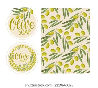 Packaging, stickers for natural olive cosmetics. Labels for olive cosmetic, soap, beauty products and seamless olive pattern. Vector flat Illustration for home made natural organic product cosmetic