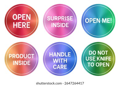 Packaging stickers that inform customers. Includes labels like "Handle with care", "Open me", and "Do not use knife". Perfect for safe shipping, product protection, and interactive unboxing.
