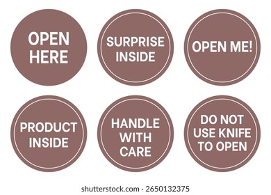 Packaging stickers that inform customers. Includes labels like "Handle with care", "Open me", and "Do not use knife". Perfect for safe shipping, product protection, and interactive unboxing.