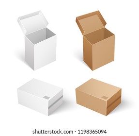 Packaging and storage concept, safe transportation and keeping inside of carton containers. Packages and boxes with opened caps isolated icons set vector
