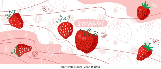 Packaging for strawberry yogurt or another drink with strawberries. Abstract background with red strawberry. Vector for menu, cafe, restaurant, banner, recipe. Food concept. Strawberry summer fruit