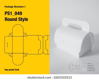 packaging structure, rectangle, round style, six sided adhesive, handle, gusset flap, top panel lock, cut, paper, design, vector, carton, structure, box, template