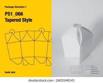 packaging structure, rectangle, tapered style, one sided adhesive, hook lock, automatic lock bottom, cut, paper, design, vector, carton, structure, box, template
