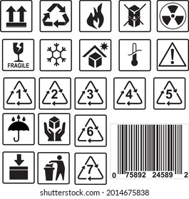 Packaging symbol on box transport. Recycle save global,Handling with care and other signs and icons.