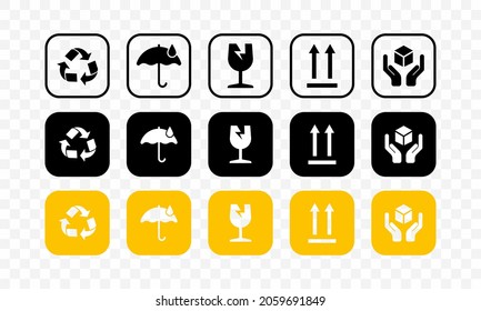 Símbolo de empaquetado en el conjunto de iconos de transporte de caja. Reciclar salva global, Manejar con cuidado, Protegerse de la lluvia de agua, frágil. EPS vectorial 10. Aislado sobre un fondo transparente.