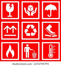 Packaging symbol. Set icon of miscellaneous symbol on the package. Symbol of fragile, handle with care, keep dry, upward, recycle, don't trample, flammable, don't litter and temperature. Caution icon