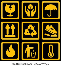 Packaging symbol. Set icon of miscellaneous symbol on the package. Symbol of fragile, handle with care, keep dry, upward, recycle, don't trample, flammable, don't litter and temperature. Caution icon