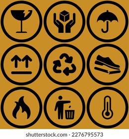 Packaging symbol. Set icon of miscellaneous symbol on the package. Symbol of fragile, handle with care, keep dry, upward, recycle, don't trample, flammable, don't litter and temperature. Caution icon