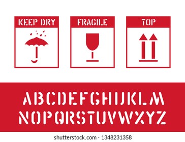 Packaging symbol stamps with cargo alphabet, for wooden, cardboard box. Means cargo in need of protection from moisture, fragility, this way up. Vector illustration