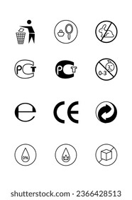 Packaging Symbols Black Thin Line Icons Set Include of Standard and Animal Test Sign. Vector illustration