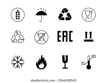 Packaging Symbols Black Thin Line Icons Set Include of Temperature, Fragile and Fire Signs. Vector illustration
