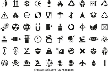 Packaging symbols. Cargo shipping and product labeling icons. Handle with care, flammable warning and umbrella vector pictograms set. Eco friendly, information, keep away from heat