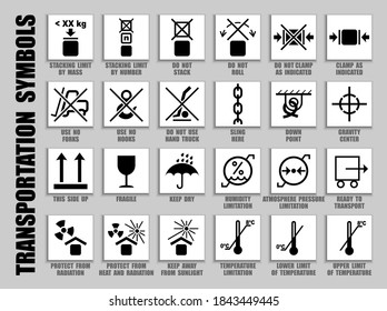 Packaging Symbols Collection Of Care Handling With Warning Caution For Heavy Cargo Transport. Don't Move, Roll, Stack, Clamp, Truck, Limit, Protect, Pressure, Keep Dry, Fragile