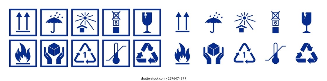 Packaging Symbols. Fragile signs set. Vector illustration isolated on transparent background.