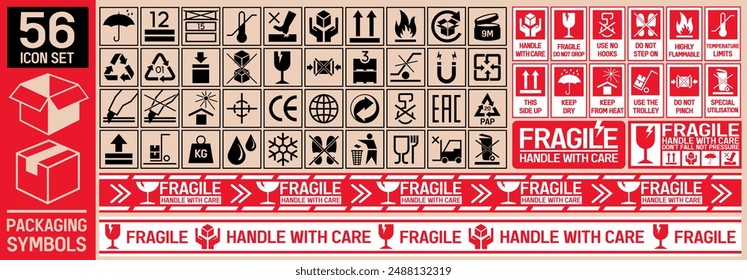 Packaging Symbols. Fragile signs set. Common packaging. Badges for cardboards shipping logistics, product labeling.