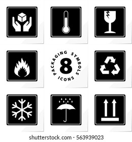 Packaging Symbols Handle with Care Storage Temperature Fragile Flammable Recycle Freezable Keep Dry This Way Up 8 Icons Set - Black Inverted Elements on White Paper Effect Background - Stencil Stamp