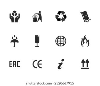 Conjunto de iconos de símbolos de embalaje. Conjunto de iconos de etiqueta de embalaje. Reciclaje negro, manipular con cuidado, frágil, hacia arriba, mantener seco. Símbolos de embalaje sobre fondo blanco.