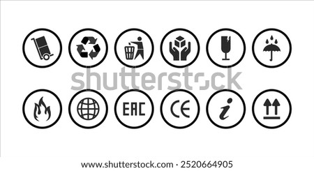 Packaging symbols icon set. Packaging label icon set. Black recycling, handle with care, fragile, upward, keep dry. Packaging symbols set on white background.