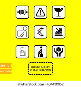 Packaging symbols illustration (do not clamp, warning sign, fragile, can lift, do not roll, do not step, do not drop, do not sit on the box, and handle with care)