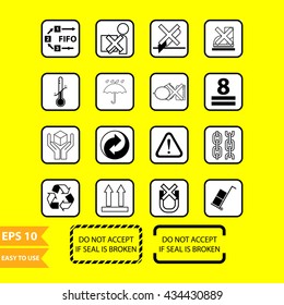 Packaging symbols illustration (use fifo system, do not lift the box, do not use cutter, do not step, temperature limitation, keep dry place, avoid from strong odour, maximum stack eight layers)