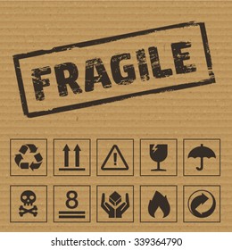 Packaging Symbols on Cardboard. Vector icons like: fragile, this side up, keep dry, recyclable etc