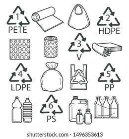 Packaging symbols, recycling isolated icons, plastic wrapping, packing vector sign. Food, recycle plastic labels, food safe wrapping. Ecology and environment, bags and bottles or containers, safety