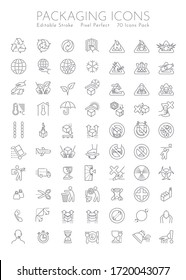 Packaging symbols set. 70 pieces with editable stroke and pixel perfect art.
