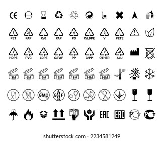 Packaging symbols set. Black recycling, handle with care, fragile, material icons. Vector package inflammable, litter, this side up, makeup etc symbols and signs. Industrial markings for packaging car