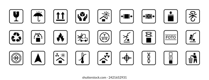 Packaging symbols set. Cardboard box symbols. Package and cargo icons. Vector