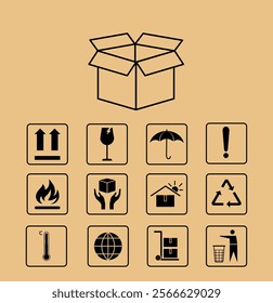Packaging symbols set. Cardboard package with signs. Information and infographics. Fragile, flammable, recyclable material. Flat vector collection isolated on brown background