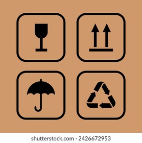 Packaging symbols set. Packaging cargo icon. Caution signs for package: this side up, handle with care, fragile, keep dry and other symbols. Used on the box or packaging.