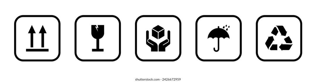 Packaging symbols set. Packaging cargo icon. Caution signs for package: this side up, handle with care, fragile, keep dry and other symbols. Used on the box or packaging.