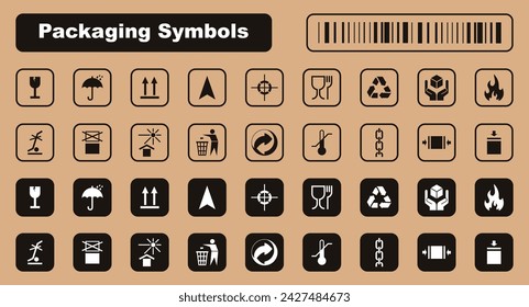 Packaging symbols set. Packaging cargo icon. Caution signs for package: this side up, handle with care, fragile, keep dry, flammable and other symbols. Used on the box or packaging.