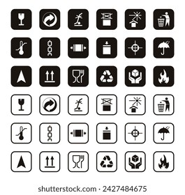 Packaging symbols set. Packaging cargo icon. Caution signs for package: this side up, handle with care, fragile, keep dry, flammable and other symbols. Used on the box or packaging.