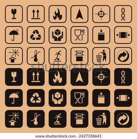 Packaging symbols set. Packaging cargo icon. Caution signs for package: this side up, handle with care, fragile, keep dry, flammable and other symbols. Used on the box or packaging.